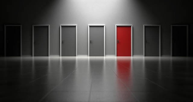 red door amidst many gray doors